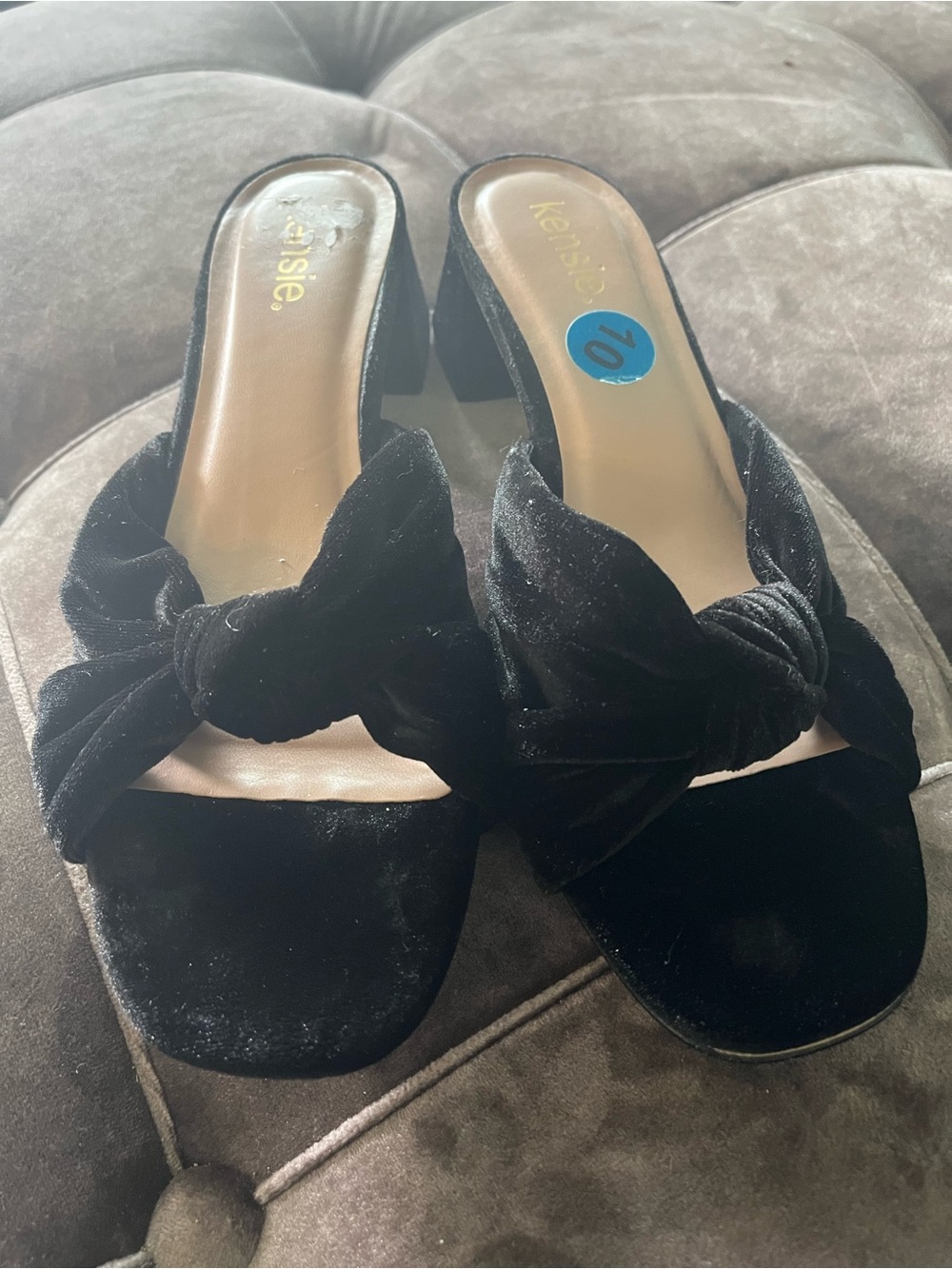 Kensie Black Velvet Knot Block Heel Slides